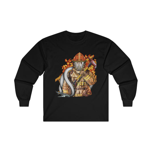Fire Fighter Walking Out Of Flames-Adult Man or Woman Long Sleeve Sweatshirt