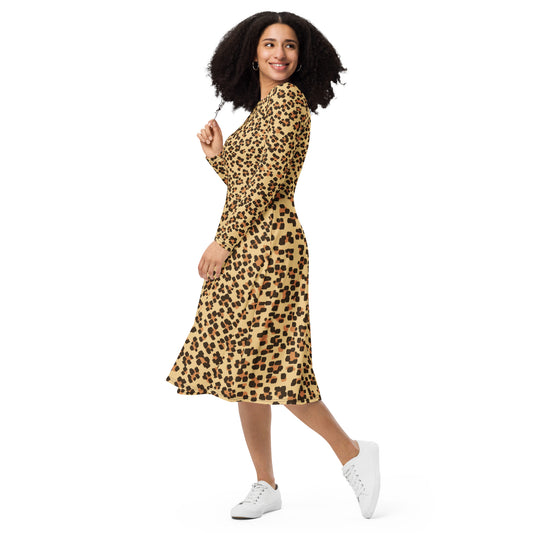 Leopard All-over print long sleeve midi dress