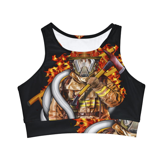 Silhoutted Fire Fighter- Print Womans High Neck Crop Bikini Top All Over Print