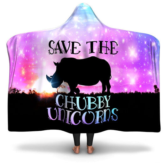 'Save The Chubby Unicorn' Funny Hooded Blanket With A Silhouette Of a Rhinoceros